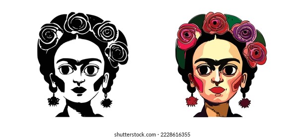 Drawing one line black and white Frida Kahlo wreath of flowers exotic portrait inspiration mexican hairstyle vector