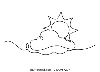drawing one line of clouds and sun.continuous line of clouds and sun.line art isolated white background