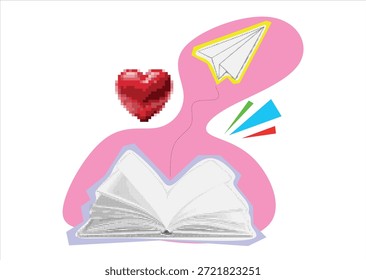 desenho de livro aberto com avião de papel voador. Histórias vetoriais tirando voo do coração. Colagem criativa