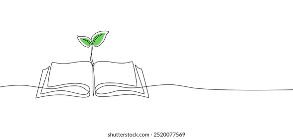 Drawing of an open book with a plant sprout in one continuous line.Education study and knowledge library concept in simple linear style. Growing wisdom in editable stroke.