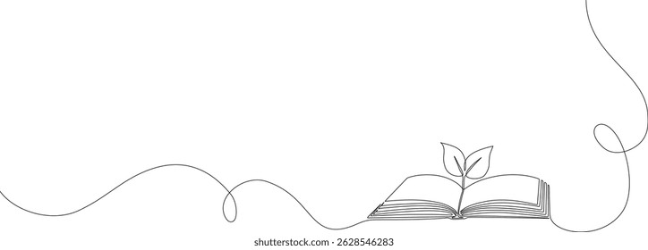Drawing of an open book with a plant sprout in one continuous line. Symbol of education, reading and writing in one line style . Vector editable illustration