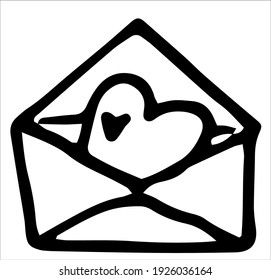 drawing of an open envelope with a heart inside is hand-drawn in doodle style with a black line on a white background for a romantic template. the love symbol in the envelope is a simple element