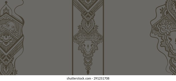 Drawing of ornamental pattern on a gray background with geometric drawing entity and animals