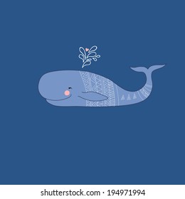 Drawing with ornamental shy whale. Vector