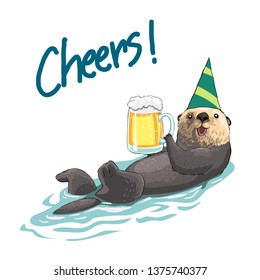 Drawing of otter have party with beers in cartoon style, use as poster, card, background