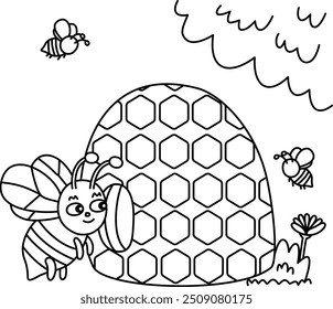 Drawing outline bee entering a hive