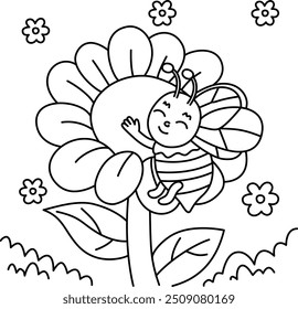 Drawing outline bee hugging a flower in the middle of the forest