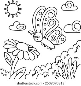 Drawing outline butterfly flying over a flower