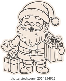 drawing outline cartoon santa claus holding a gift funny smile face