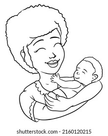 Drawing in outline to coloring with lovely ethnic mother, with happy gesture carrying her baby.