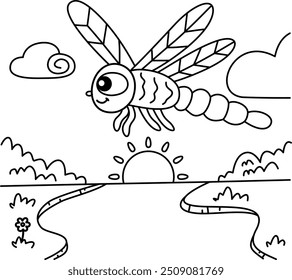 Drawing outline dragonfly flying over a lake, clouds in the background