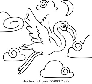 Drawing outline flamingo flying in the middle of the clouds