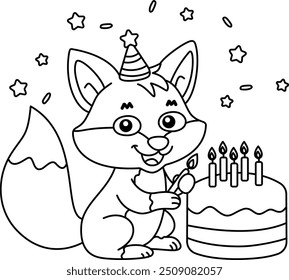 Drawing outline fox celebrating a birthday