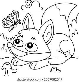 Drawing outline fox looking at a butterfly