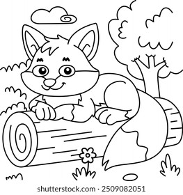 Drawing outline fox lying on a log, forest background