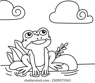 Desenho esboço sapo sentado em algumas pedras em um lago