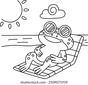 Drawing outline frog sunbathing on the beach