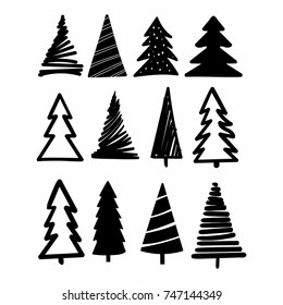 Drawing outline or Hand sketch Christmas tree isolate set. Vector illustration