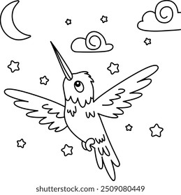 Drawing outline hummingbird flying towards the stars