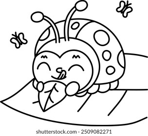 Drawing outline ladybug eating a leaf