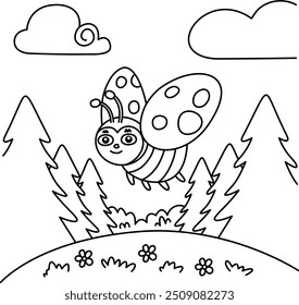 Drawing outline ladybug flying in the middle of the forest