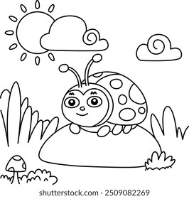 Drawing outline ladybug on a stone in the middle of the forest