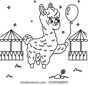 
Drawing outline of a llama holding a balloon at a fair