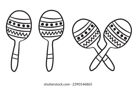 Drawing of outline maraca rattles. Latin American musical instruments made with gourd and seeds. Vector illustration isolated on white background.