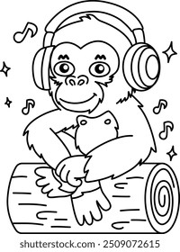 Drawing outline Monkey with headphones listening to music sitting on a log