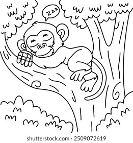Drawing outline monkey sleeping on a tree, full of nature