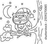 Drawing outline owl sleeping on the branch of a tree with the moon in the background