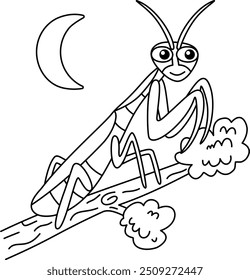 Drawing outline praying mantis on a tree branch