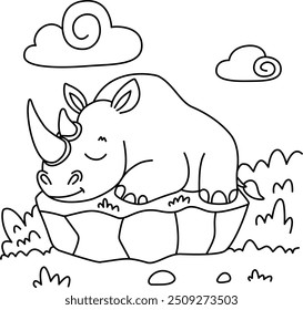 Drawing outline rhinoceros sleeping on a stone