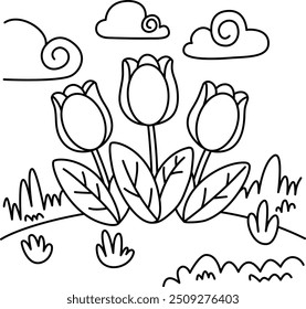 Drawing outline tulips in the middle of nature