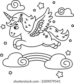 Drawing outline unicorn flying with rainbow in the background