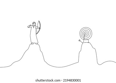 Drawing of overconfidence arab businessman archery terribly missed target. Metaphor for terrible missed target, failure or mistake. Single line art style