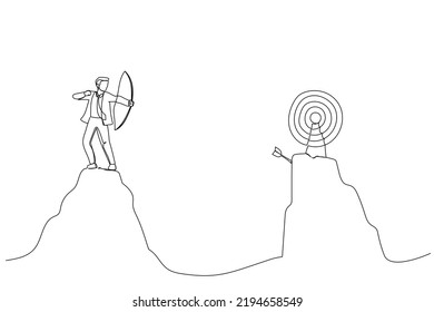 Drawing of overconfidence businessman archery terribly missed target. Metaphor for terrible missed target, failure or mistake. Single line art style
