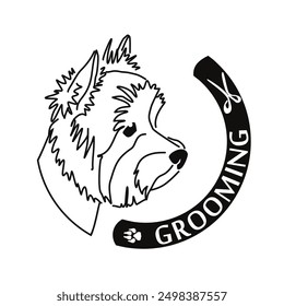 Drawing of an overgrown and trimmed Yorkshire Terrier. Beauty salon for dogs. Grooming service logo. Stylized Yorkshire Terrier. Vector drawing of a small dog. Gestalt animal design