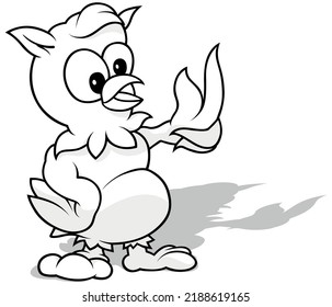 Drawing of an Owl with a Raised Pointing Wing - Cartoon Illustration Isolated on White Background, Vector