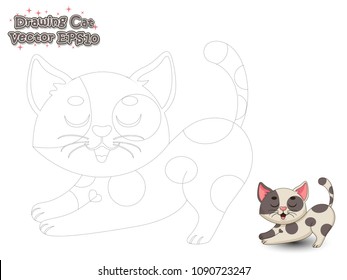 Drawing and Paint Cute Cartoon Cat. Educational Game for Kids. Vector Illustration.