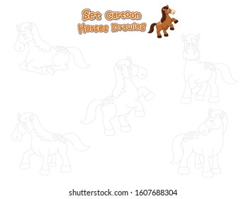 Drawing and Paint Cute Horses Cartoon Set. Educational Game for Kids. Vector illustration With Cartoon Funny Animal Frame