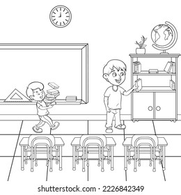 Drawing to paint without color of some children ordering the bookshelf in their classroom at their little school.