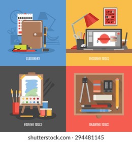 Pintura de dibujo y herramientas de diseño Icono de color plano conjunto de ilustración vectorial aislada