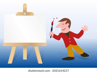 The drawing of a painter who is about to create a painting, on a white canvas placed on an easel.