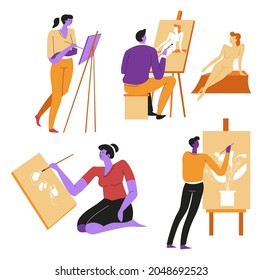Drawing and painting, art lessons and education, improvement of artistic skills. Isolated people with easels and brushes, posing girl sitting in elegant pose. Hobby and leisure. Vector in flat style