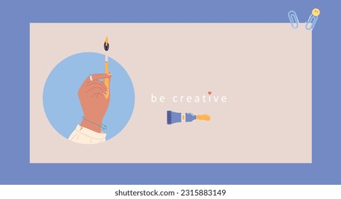 Drawing and painting, be creative card with hand and paint brush. Designers or painters, workshop web banner. Vector flyer graphic art