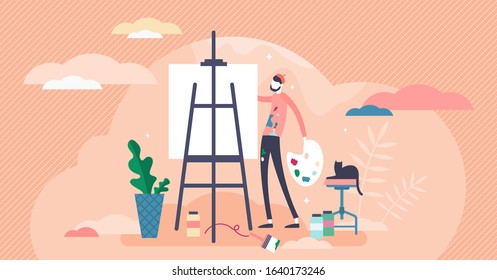 Drawing Or Painting Concept, Flat Tiny Person Vector Illustration. Stylized Artists Workshop Activity. Abstract Creative Process And Inspiration Scene. Human Inspirational Talent And Work Abilities.