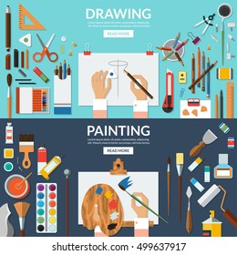 Drawing and painting conceptual banners set. Fine art and creative process. Art supplies - easel, palette, paper, brushes, pens, pencils, paints, watercolor etc. Top view. Flat vector illustrations