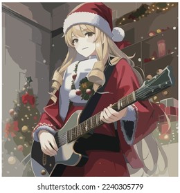 Dibujo o pintura de una linda muchacha anime haciendo cosplay o vestida como Santa Claus tocando la guitarra eléctrica. personaje de año nuevo de navidad. Dibujo cómico de arte pop vector ilustración retro hermosa mujer