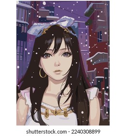 Drawing or painting of a cute Anime girl in the middle of a city that is raining snow, Comic cartoon pop art vector retro illustration, beautiful woman in white gold dress, Long straight Black Hair